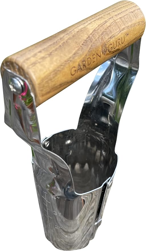 Garden Guru Eco Bulb Planter - 100% Recycled Stainless Steel - Rust Resistant - FSC Certified Wood Ergonomic Handle - Depth Marker for Consistent Planting Flowers Tulips, Daffodils, Dahlias(2Pack)