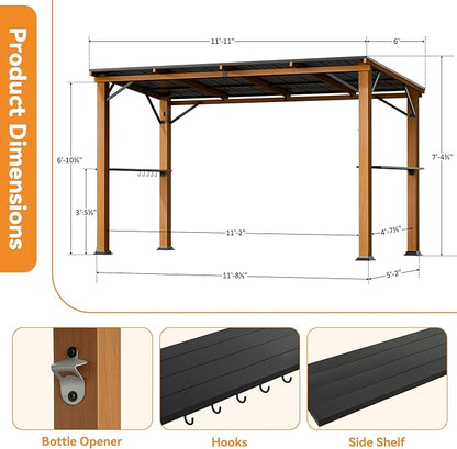 Hardtop Grill Gazebo 6'x12'with Side Shelf, Outdoor Gazebo with Bottle Opener & Hooks, Grill Canopy with Sturdy Rustproof Design for Backyard, Garden, Patio,Wood-Looking