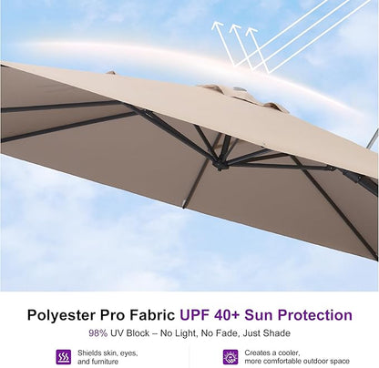 PURPLE LEAF 8' X 10' Swivel Outdoor Patio Aluminum Umbrella with Base Left-right Tilting Cantilever Offset Umbrella with UV Resistant Heavy Duty Fabric for Deck Pool Patio Backyard, Sand Dune
