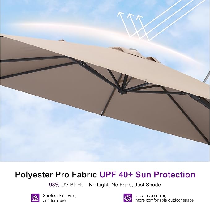 PURPLE LEAF 11' X 8' Swivel Outdoor Patio Aluminum Umbrella with Base Left-right Tilting Cantilever Offset Umbrella with UV Resistant Heavy Duty Fabric for Deck Pool Patio Backyard, Sand Dune