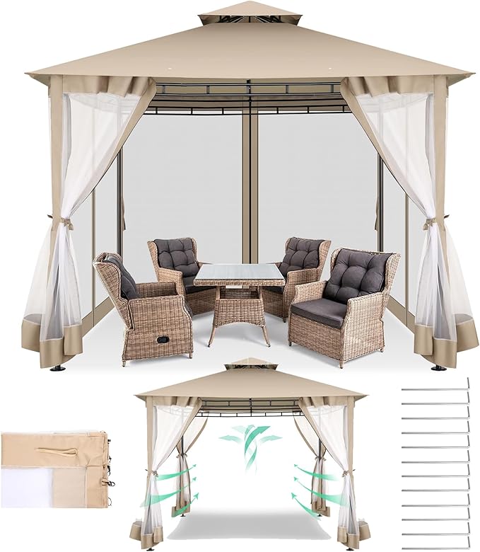 COBIZI Gazebo 10x10 Heavy Duty Gazebos with Improved Nettings Outdoor Gazebo Canopy Double Roof Patio Gazebos with Metal Steel Frame for Patio, Deck, Backyard (Khaki)