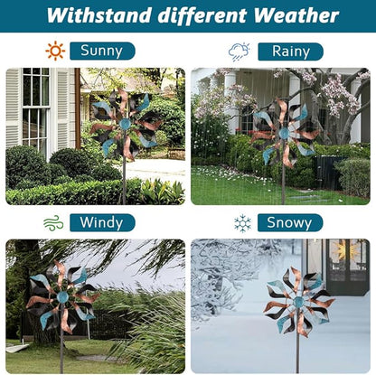 Wind Spinner Outdoor, 13 Inch Dia Kinetic Wind Sculptures & Spinners, 41" Tall Metal Windmill for Garden Yard Decor, Copper Blue
