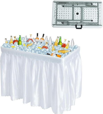 Outdoor Ice Cooler Folding Table, Portable Cooler Table with Removable Matching Skirt, Chill Table for Party BBQ Camping Wedding White