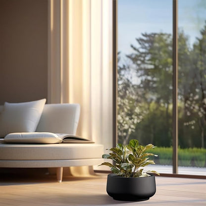 Kante 13.4" Dia Round Curvy Concrete Planter, Large Plant Pots with Drainage Hole and Rubber Plug for Indoor Outdoor Plants, Flower Pot for Home Garden Patio Porch, Black