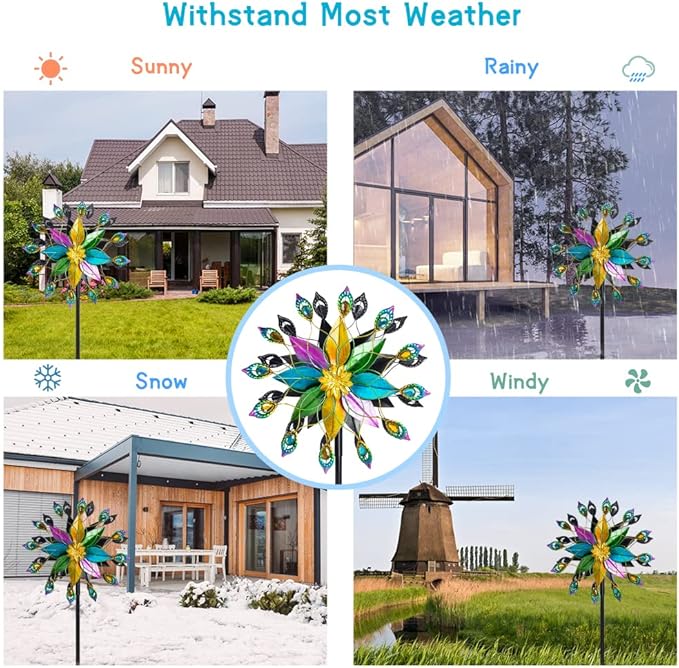 DREAMYSOUL Outdoor Kinetic Wind Spinner 360 Degree Rotate, Double-Sided Large Metal Wind Spinners for Yard and Garden, 16" Dia * 66" H Tall Wind Sculpture & Spinners