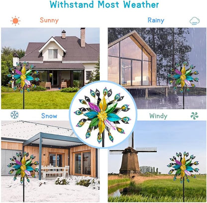 DREAMYSOUL Outdoor Kinetic Wind Spinner 360 Degree Rotate, Double-Sided Large Metal Wind Spinners for Yard and Garden, 16" Dia * 66" H Tall Wind Sculpture & Spinners