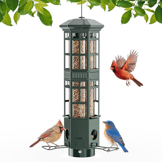 Squirrel Proof Bird Feeder for Outdoors - 3 Port Hanging Metal Bird Feeder with Gravity Spring, 3LB Large Capacity, Chew-Proof & Weather Resistant, Attract Wild Birds, Green