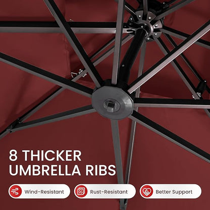 10x10 FT Cantilever Patio Umbrella Double Top Outdoor Square Large Heavy Duty Aluminum Offset Umbrellas with 7 Level Tilt 360-degree Rotation for Pool Garden Deck, Wine Red