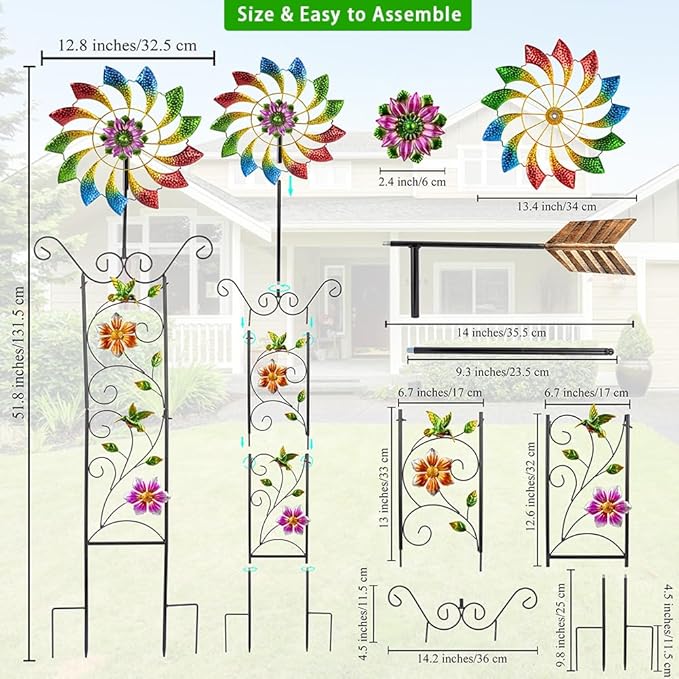 12.8” Wind Spinners Outdoor,Waterproof Wind Spinners for Yard and Garden,Kinetic Wind Spinner with Weather Vane,Yard Art Wind Sculptures & Spinners,Metal Muti-Color Pinwheels for Lawn Patio