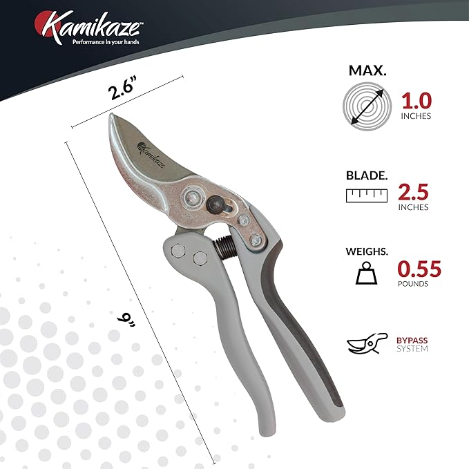 Kamikaze Pruning Shears, Professional Heavy Duty Handheld Clippers with Japanese Steel Titanium Blade, 1" Cutting Capacity, Ergonomic Handle Reduces Fatigue & Boosts Efficiency – Arthritis-Friendly