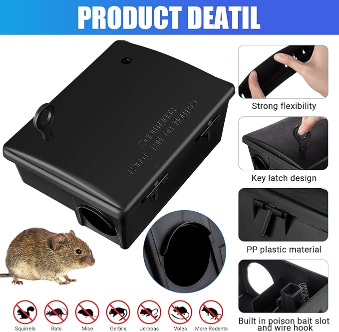 Qualirey 6 Pack Rat Bait Stations Large Rodent with Key Reusable Mouse Stations Mice Blocks Heavy Duty Boxes for Outdoor Rodents Mice Blocks, Bait Not Included, Black (9.8 x 7.5 x 3.9 Inches)