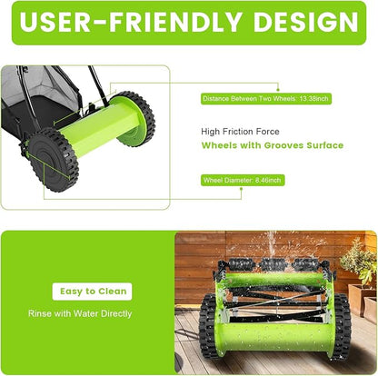 12 Inch 5-Blade Push Reel Lawn Mower, Cordless Manual Lawn Mower with Grass Catcher, Adjustable Cutting Height, Walk-Behind Lawn Mowers for Yard, Garden