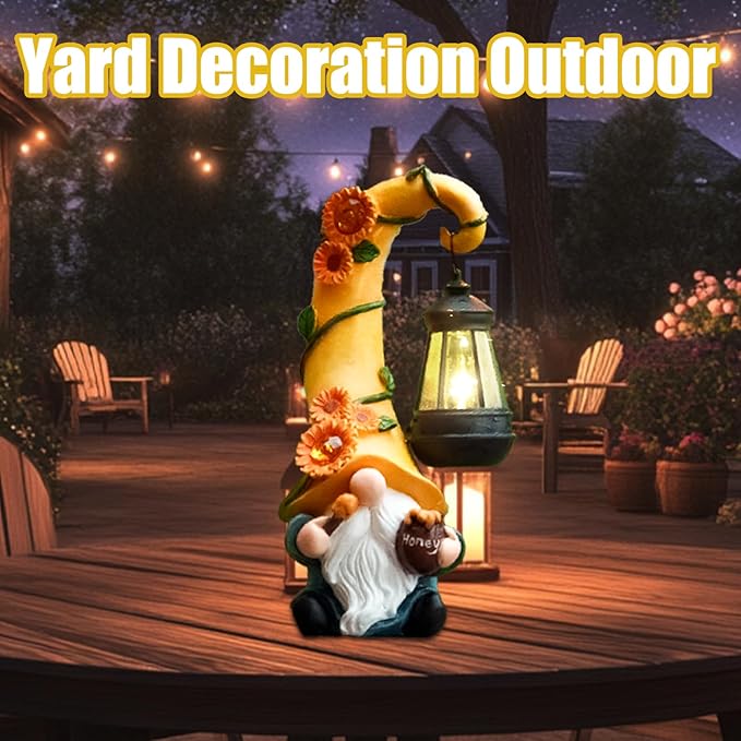 Birthday Gifts for Mom Grandma Woman 12" Solar Sunflower Gnome Garden Statues Honey Bee Jar Decor with LED Lantern Outdoor Gnomes Decorations Patio Yard Balcony Art