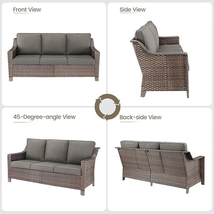 Outdoor Wicker Patio Furniture Set - 5 Piece Outside Rattan Conversation Bistro Dining Chair Sets with Rocking Swivel Chairs, 3-Seat Couch and Ottomans for Porch Yard Balcony – Brown/Grey