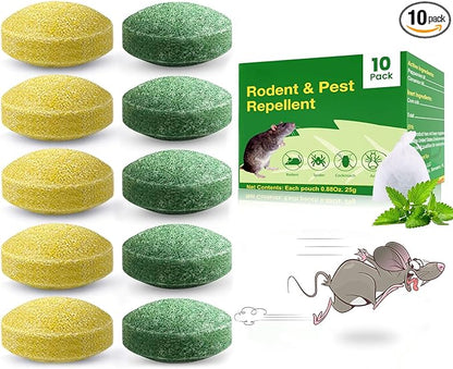 Mouse Repellent Outdoor, 10 Pack Peppermint Oil Mouse and Squirrel Deterrent for Indoor Attic Garage, Safe for Pets & Family, Natural Repellent to Keep Rodents Away from Garden and Home