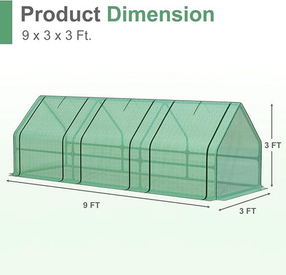 Aoodor 9 x 3 x 3 ft Mini Greenhouse with 3 Zipper Doors, Water-Resistant, UV-Protected for Flowers, Vegetables, and Herbs, Green