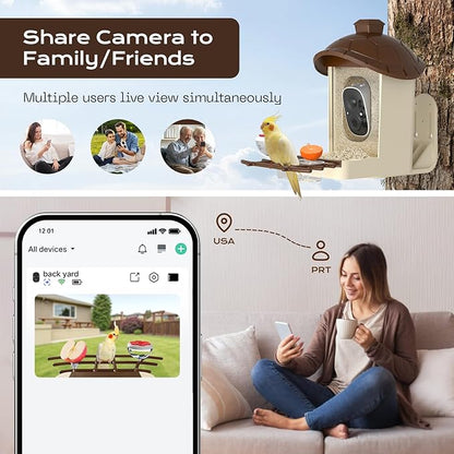 Bird Feeder with Camera, 2K HD Live Video, Smart Bird Cam Solar Powered with AI Birds Species Identification, Auto Capture Video, Instant Arrival Alerts, Best Gifts for Mom Dad