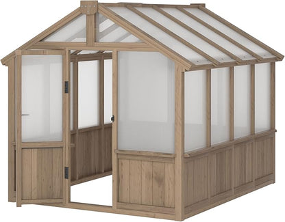 Mupater 6 x 8 FT Wooden Polycarbonate Greenhouse with Ventilated Window and Lockable Door, 6mm PC Panels for UV Protection, Walk-in Greenhouse Kit for Outdoor, Garden and Backyard, Brown