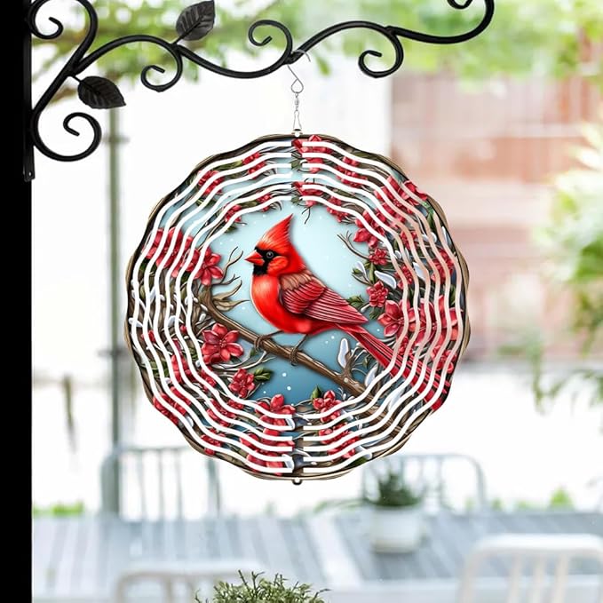 3D Red Cardinal Wind Spinner 10 Inch Stainless Steel Bird Wind Sculpture Kinetic Art Hanging Ornament for Outdoor Garden, Yard, Patio, and Home Decoration Christmas Decor