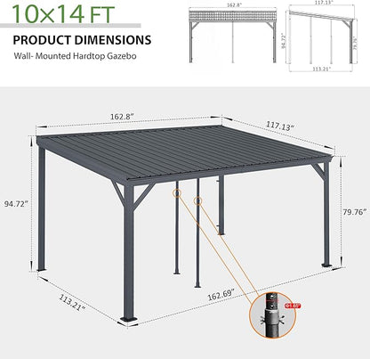 Domi 10'x14' Hardtop Wall Mounted Gazebo, Expandable Lean to Gazebo Pergola with Gutters & Galvanized Steel Roof, 60MPH Wind Resistance Outdoor Heavy Duty Canopy Sun Shade for Patio, Backyard - Grey