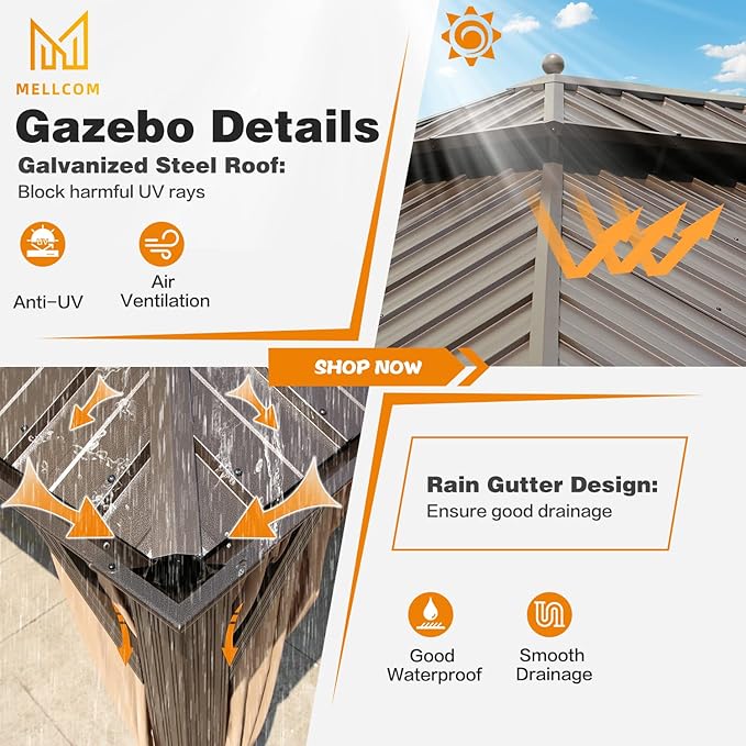 MELLCOM 14' x 20' Hardtop Gazebo,Galvanized Steel Metal Double Roof with Curtain and Netting,Brown Permanent Pavilion Gazebos with Aluminum Frame for Patios,Gardens,Lawns
