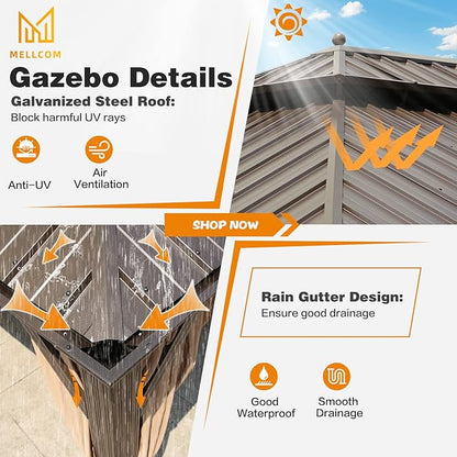 MELLCOM 14' x 20' Hardtop Gazebo,Galvanized Steel Metal Double Roof with Curtain and Netting,Brown Permanent Pavilion Gazebos with Aluminum Frame for Patios,Gardens,Lawns
