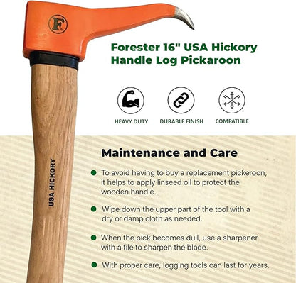 FORESTER Pickaroon Logging Tool 16in | USA Hickory Handle | Hookaroon Logging Tool | Log Roller Tool & Forestry Tools for Dragging and Stacking Logs