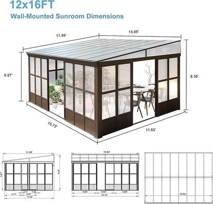 12x16FT Lean to Sunroom, Patio Wall Mounted Solarium All Weather Use, Against The Wall Enclosed Gazebo Small Guest House with Removable Polycarbonate Roof/Windows, 2 Lockable Sliding Doors