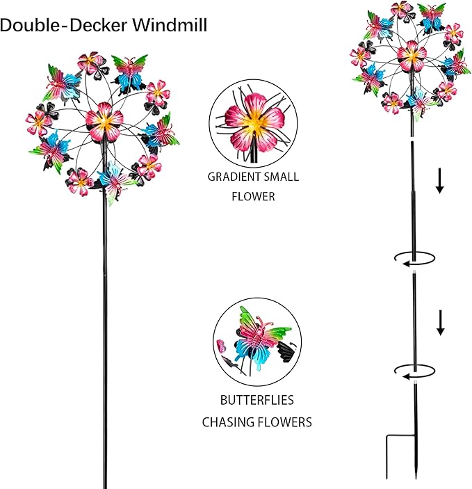 38" Double Blade Butterfly Wind Spinners Outdoor, Colorful Butterflies Kinetic Outdoor Decor for Patio, Lawn & Garden Decor