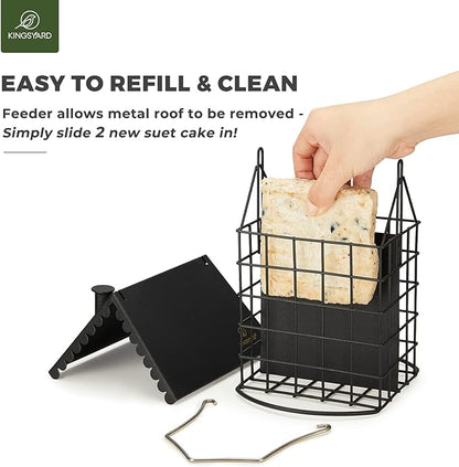 Kingsyard Double Suet Bird Feeder with Weatherproof Roof & Perch, All Metal, Suet Cakes Cage Bird Feeder for Outdoors Hanging, Easy to Clean & Refill, Black