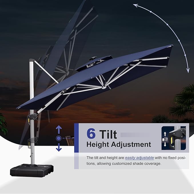 PURPLE LEAF 9' X 12' Double Top Deluxe Solar Powered LED Rectangle Patio Umbrella Offset Hanging Umbrella Outdoor Market Umbrella Garden Umbrella,Navy Blue