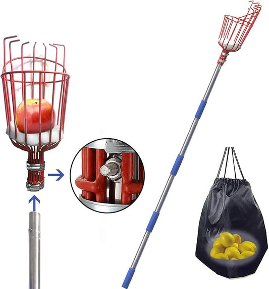 FLY HAWK Fruit Picker Tool, a 8 FT Long Fruit Picker Equipped with Optional Splicing of Lightweight Stainless Steel to Pick Apples, Oranges and Fruit Trees
