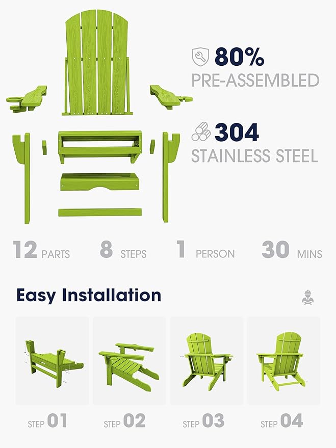 KINGYES Folding Adjustable Adirondack Chair with Ottoman & 2 Cup Holders Set of 2, HDEP Multifunctional Adirondack Chair with Footrest, Apple