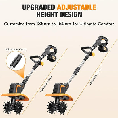 Upgraded Cordless Tiller for Gardening with 8.0Ah (2×4.0Ah Batteries), 48 Steel Tines Battery Rototiller, 9" Width 6.6" Depth Garden Tiller Cultivator for Soil, Tending & Composting (Orange)