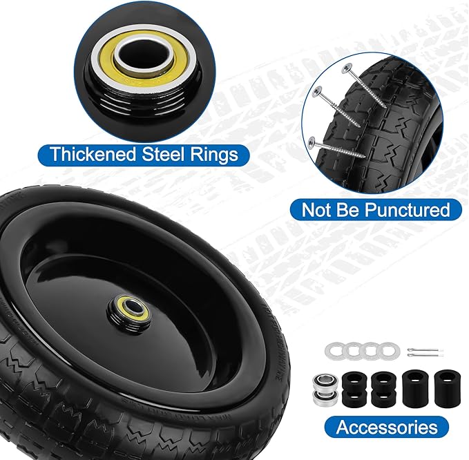 13 Inch Flat Free Wheels Tires 4.00-6 Solid Replacement with Universal 5/8" Axle Bore Hole, 4 Spacers and 2 Pins, for Wheelbarrow, Garden Wagon, Hand Truck, Trolley, Lawn Mower, 1 Pack