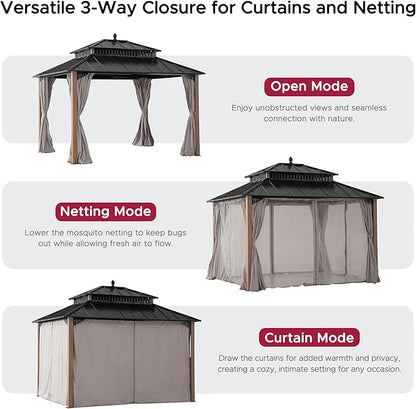 SUNJOY Kingston 12' x 10' Hardtop Gazebo with Galvanized Steel Double Roof, Curtain and Netting, Woodgrain Finish Aluminum Posts Permanent Pavilion Gazebo for Garden, Patio, Deck, Lawn