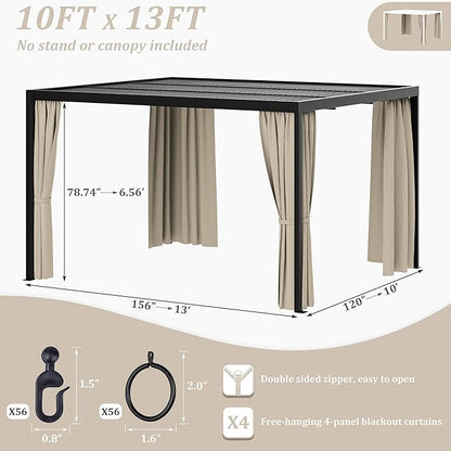Gazebo Universal Replacement Privacy Curtain,10'×13' Gazebo Outdoor Waterproof Curtains, 4-Panels Sidewall Curtains with Double Zipper for Patio Canopy, Garden and Backyard (Curtain Only)