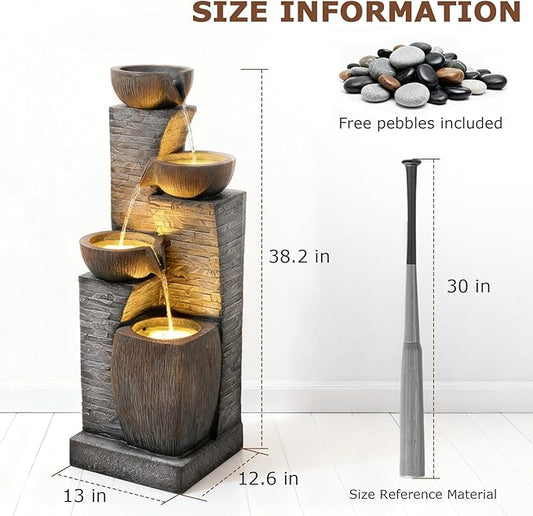 38.2" Tall Water Fountain Outdoor Garden,4 Tiers Modern Cascading Bowls and Stacked Stones Indoor Fountains with LED Lights for Garden, Patio, Deck, Porch, Backyard and Home Art Decor(Grey)