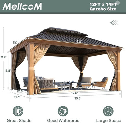 MELLCOM 12'x14' Wood Looking Hardtop Gazebo, Aluminum Frame and Galvanized Steel Double Roof, Metal Outdoor Gazebo with Curtains and Nettings for Deck Backyard and Patio
