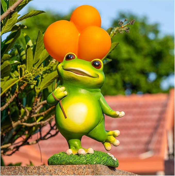 WHIMSYNOOK 11.8" Resin Frog with Balloon Solar LED Garden Statue Light, Ideal for, Porch, Lawn, Yard, Housewarming, or Birthday Gifts for Mom, Family, and Froggy Lovers