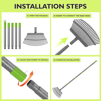 GARDENWORK Garden Leaf Rake,73" Long Handle Rake for Leaves,18" Wide Metal Garden Rakes with 25 Reinforced Tines and Adjustable Handle for Lawn,Shrub,Grass,Flower Beds