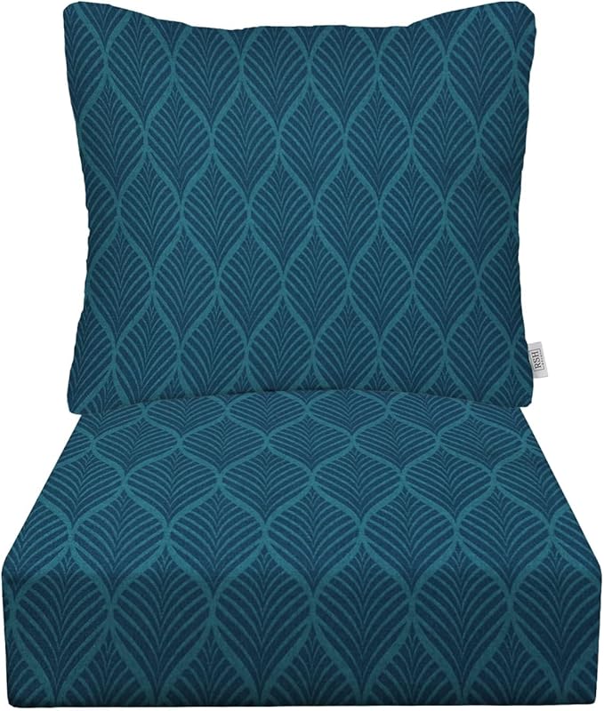 RSH DECOR Deep Seating Cushion with Pillow Back | 23” x 25” Seat | Water and Fade-Resistant Spun Fabric | Outdoor Chair Cushion Set for Patio Furniture | Fenbrook Blue