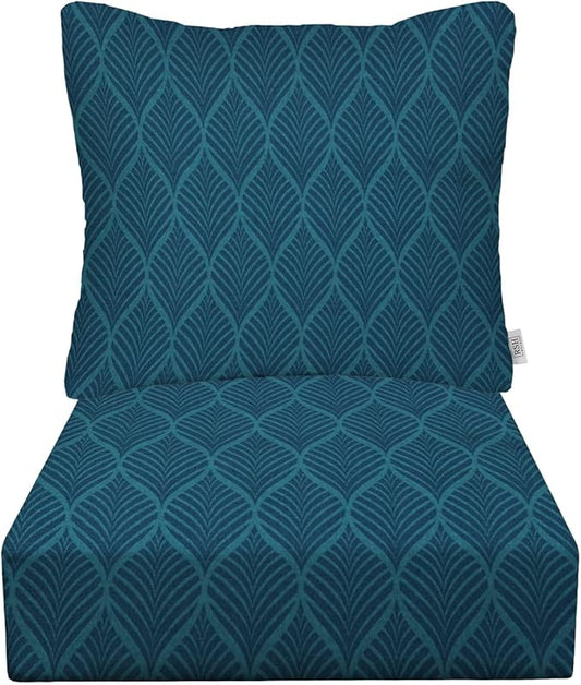 RSH DECOR Deep Seating Cushion with Pillow Back | 24” x 23” Seat | Water and Fade-Resistant Spun Fabric | Outdoor Chair Cushion Set for Patio Furniture | Fenbrook Blue