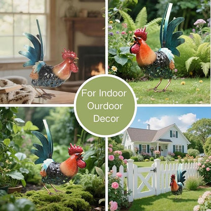 16.5" Metal Rooster Garden Statue, Handmade Morning Crowing Rooster Sculpture with Green Tail Feathers, Rust-Resistant Iron Art for Yard, Farmhouse, Kitchen & Outdoor Decor