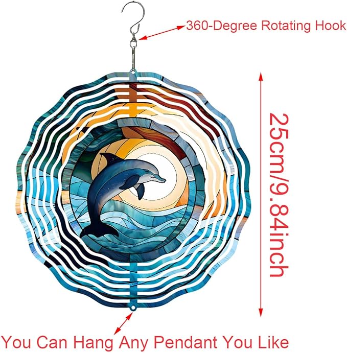 Metal 3D Wind Spinners Outdoor Dolphin Decorations Hanging, Festive Gifts for Women Mom Grandma, 25cm/ 9.84in 3D Wind Spinners for Garden Decor for Patio,Yard,Outdoor