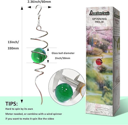 Wind Spinner Tail Gazing Ball Spiral Decorative Wind Spinner Sun Catcher 11inch Tail and 2 inch Glass Orb. Indoor Outdoor Garden Decoration Wind Sculptures-13 inch Height (Green)