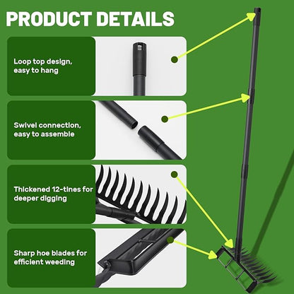 2 in 1 Stirrup Hula Hoe Garden Tool, 12 Tines Cultivators for Gardening, Weed Puller Tool with 76" Long Handle for Gardening, Weeding, Seeding, Ditching, Loosening