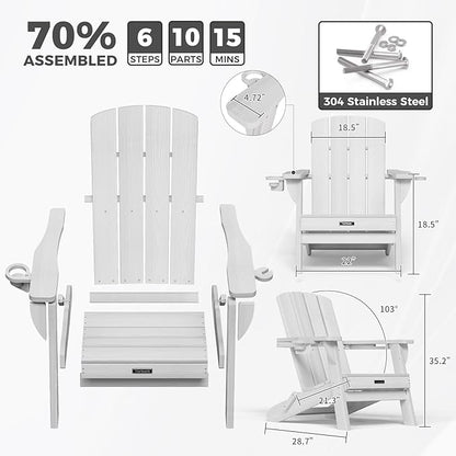 Folding Adirondack Chair Wood Texture 6 Pack, HDPE All-Weather Fire Pit Chairs, Plastic Adirondack Chairs with 2 Cup Holder, Outdoor Lawn Chair for Patio Garden (White)