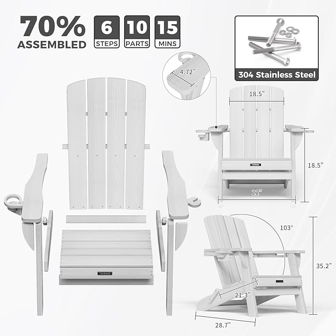 Folding Adirondack Chair Wood Texture 2 Pack, HDPE All-Weather Fire Pit Chairs, Plastic Adirondack Chairs with 2 Cup Holder, Outdoor Lawn Chair for Patio Garden (White)
