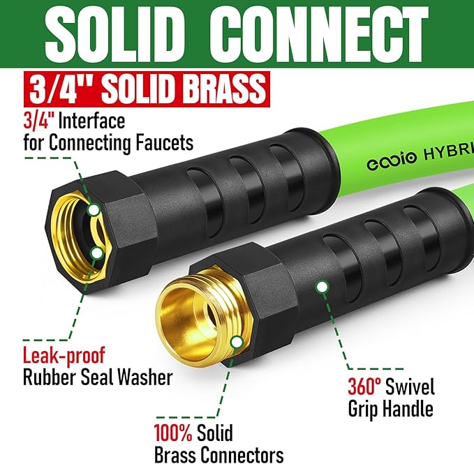 Garden Hose 50 ft x 5/8", NON-EXPANDING Flexible Water Hose, Kink Resistant Lightweight Hybrid Hose, Leakproof Yard Hose with Male to Female Fittings